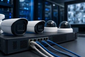 IP surveillance cameras under interoperability testing on a test bench.