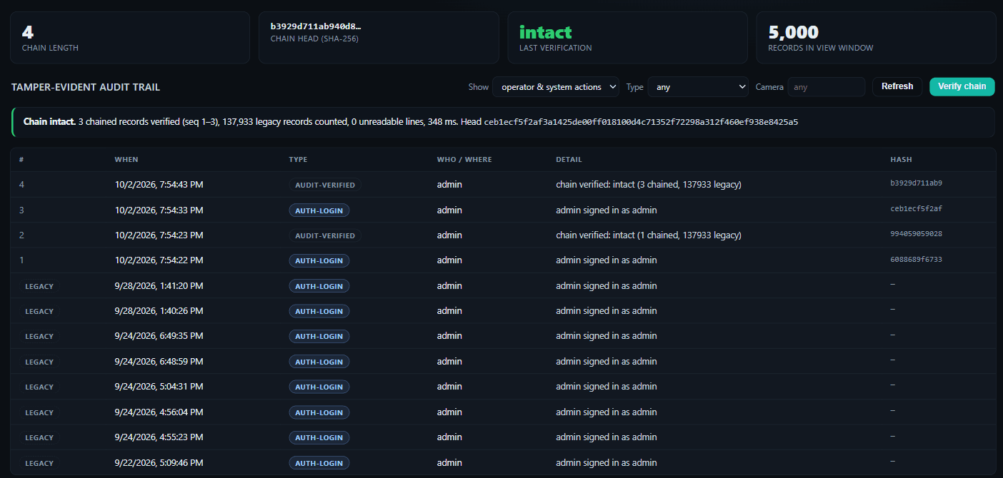 Tamper-evident audit trail in DevSpark VMS showing a SHA-256 hash chain, chain head, verification status and a record of every operator action