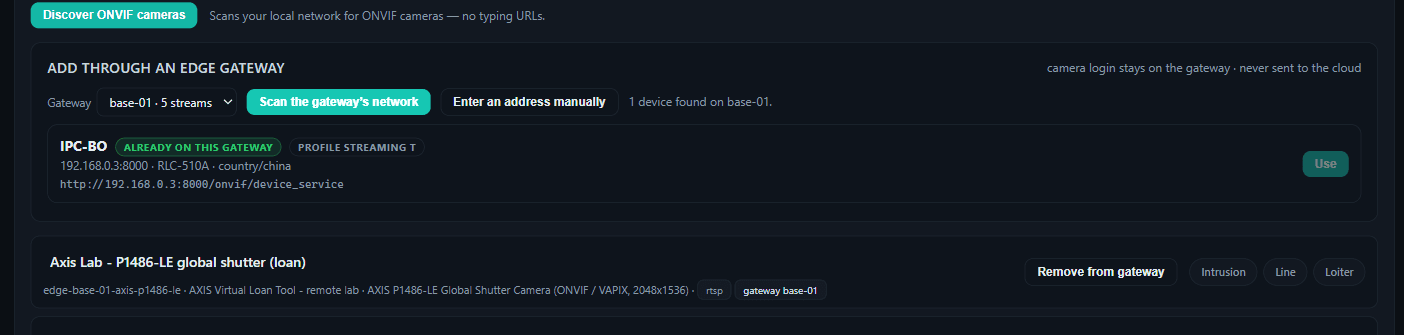 ONVIF camera discovery in DevSpark VMS: scanning the edge gateway network, finding an ONVIF Profile T device and onboarding it without typing an RTSP URL